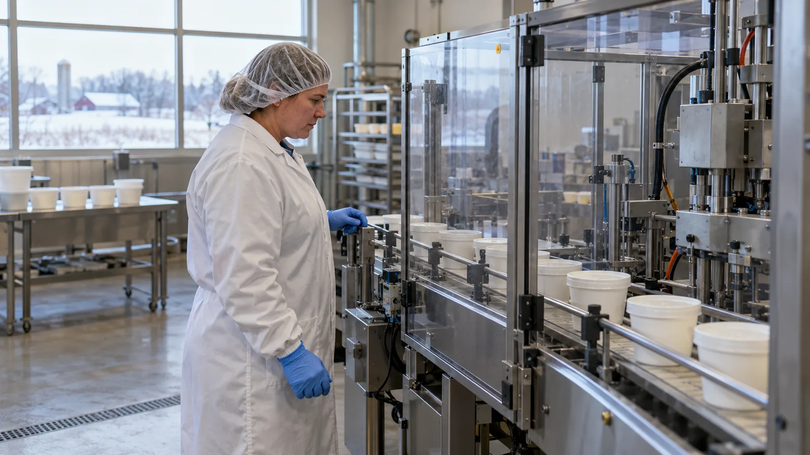 A food production supervisor checking a packaging line