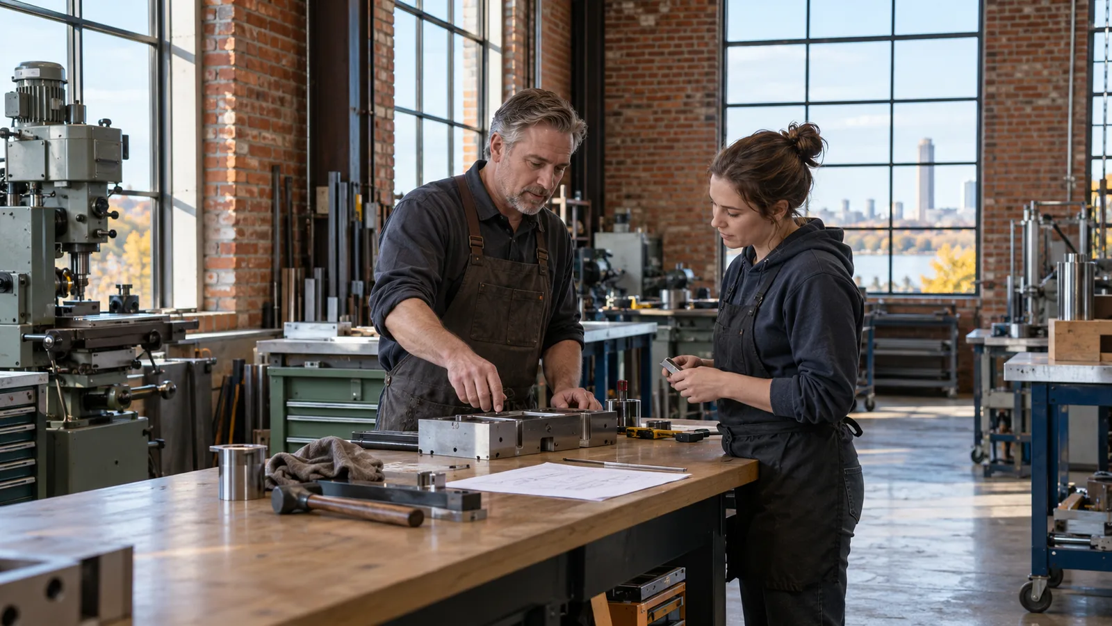 A business owner talking with a manager inside a Milwaukee area workshop