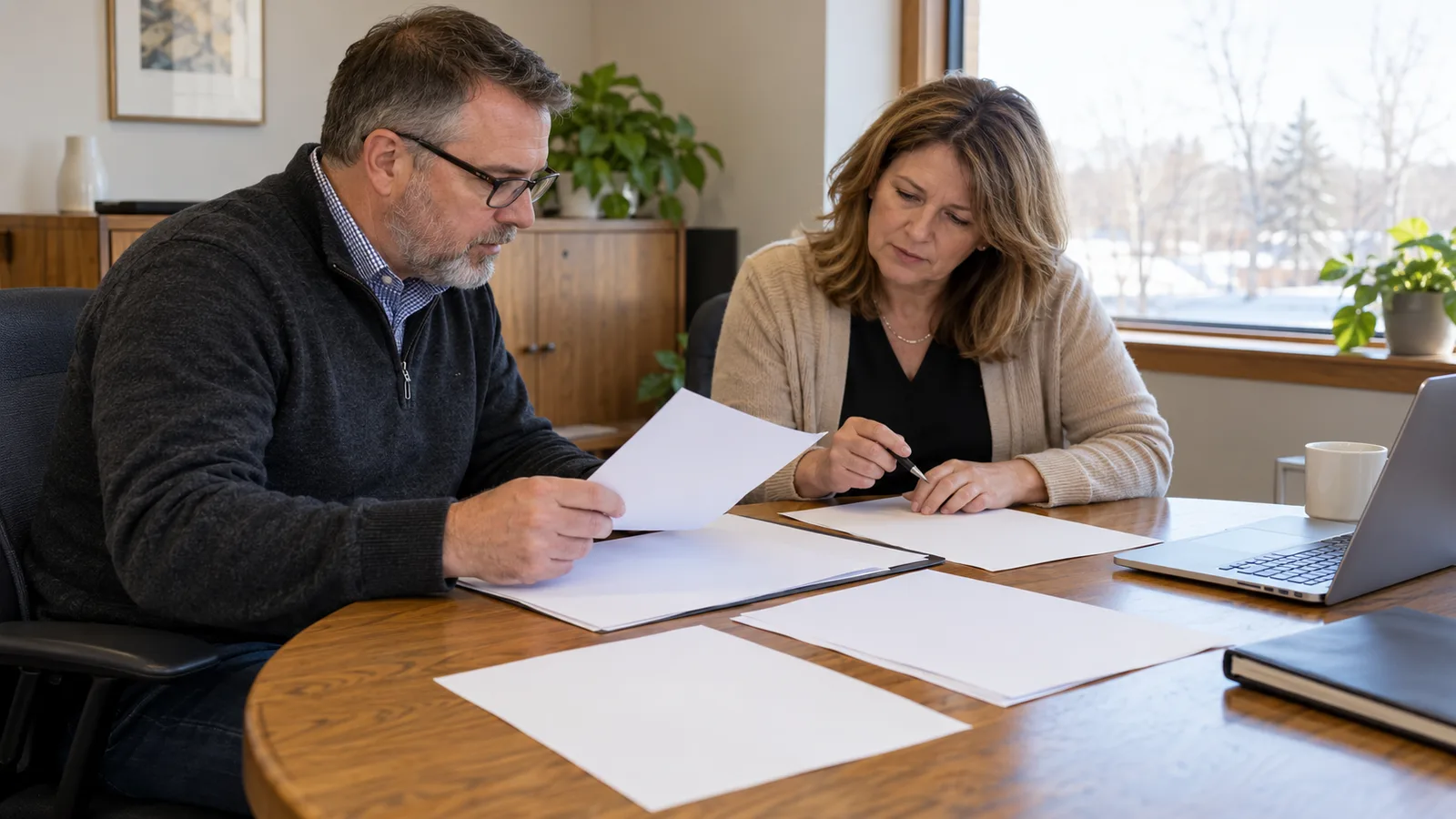 A business owner reviewing financial records at a table